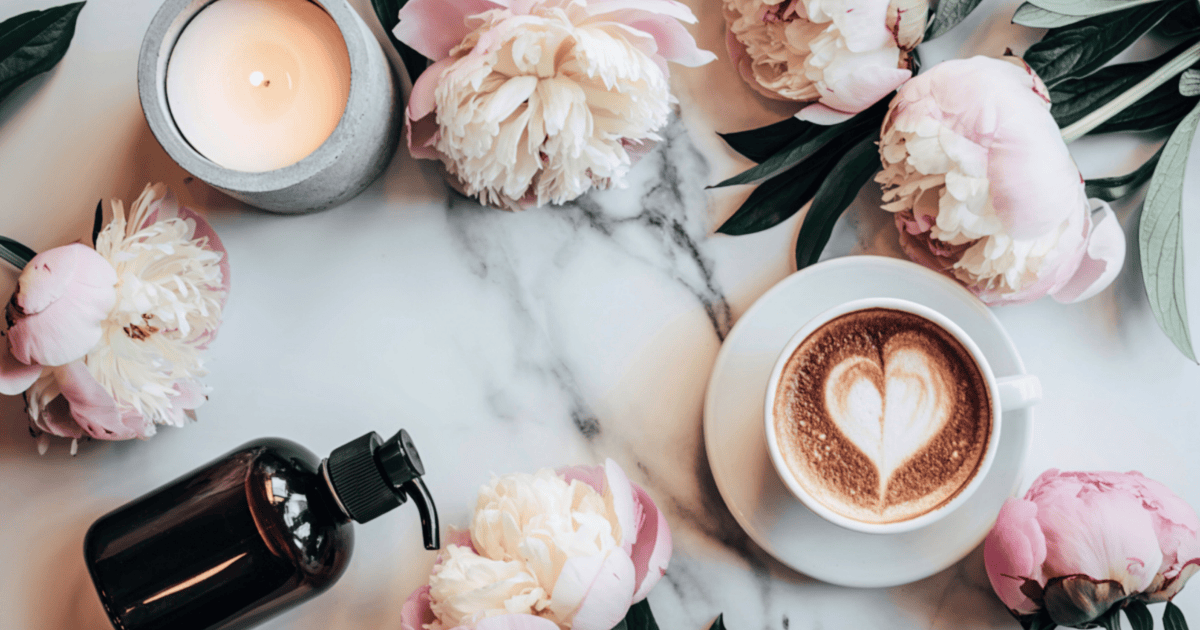 Cappuccino mit Herz-Latte-Art auf Marmortisch, Kerze und Pfingstrosen · ruhige, warme Stimmung
