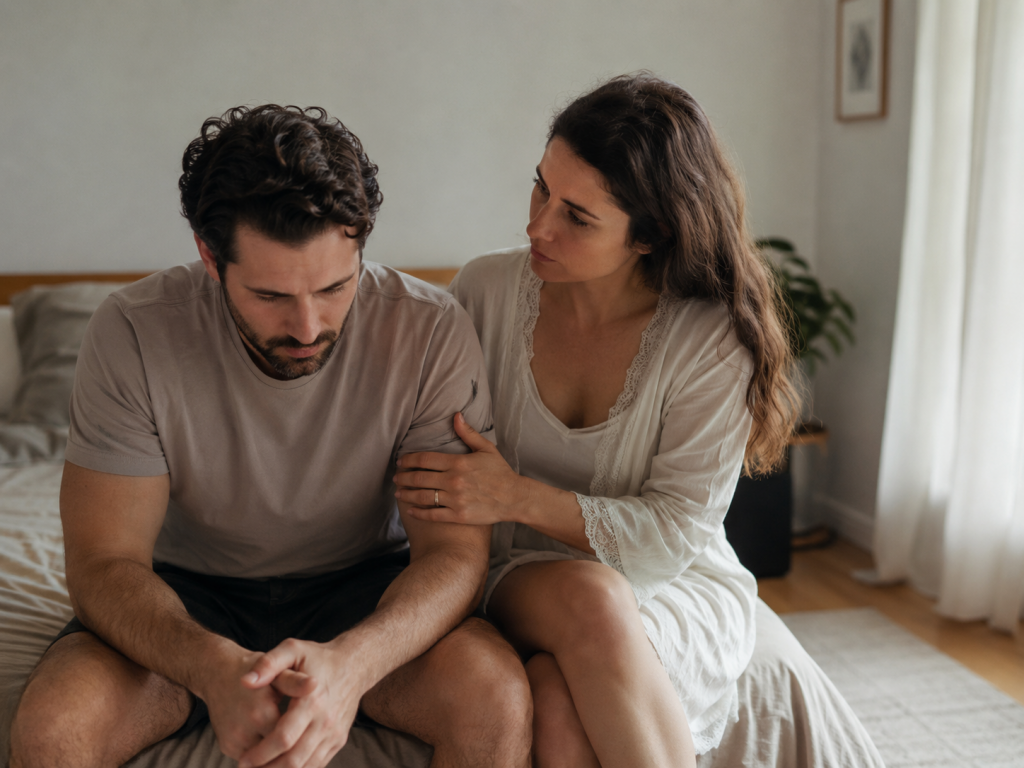 Paar sitzt in einem ruhigen Moment im Schlafzimmer – passend zu Erektionsproblemen in der Beziehung, Leistungsdruck, Scham und unterstützender Kommunikation.